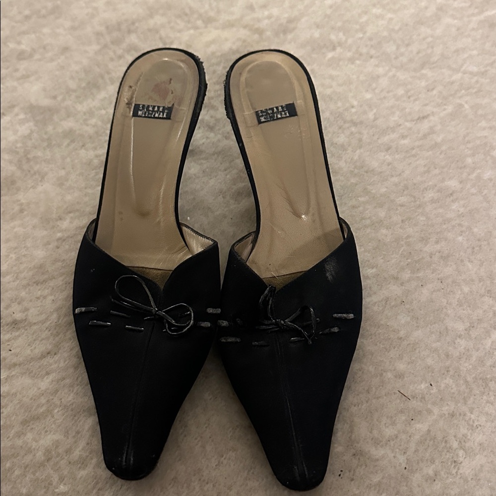Stuart Whitman Black Leather Mules with leather Bow Detail
